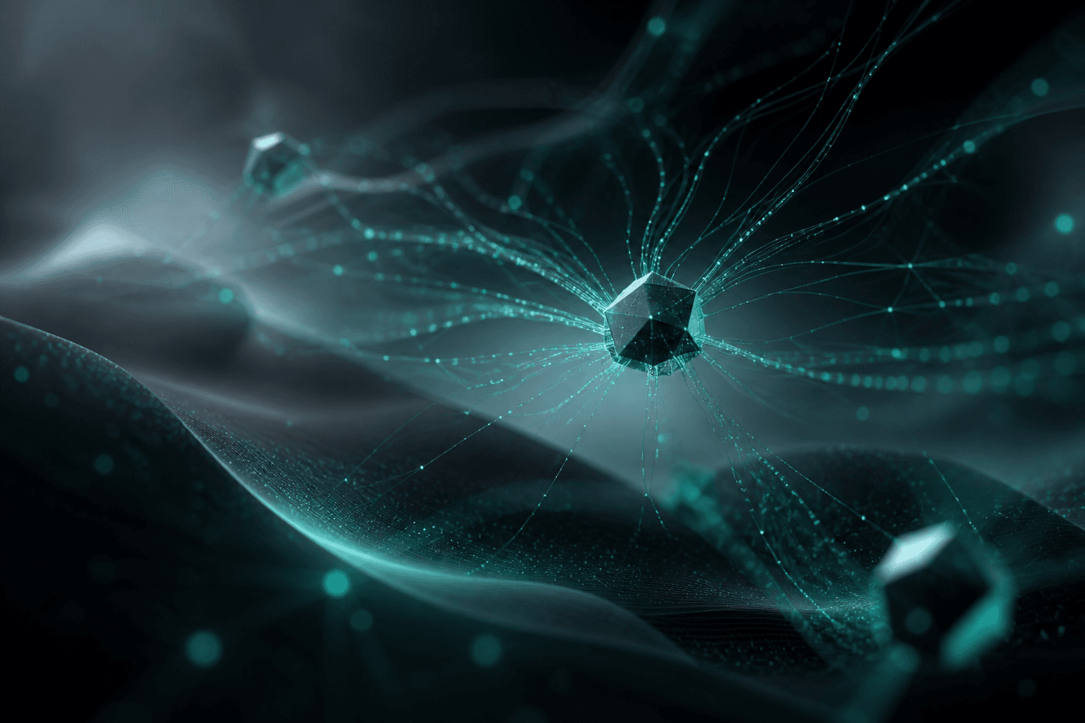 Abstract visualization of AI pathways and data streams