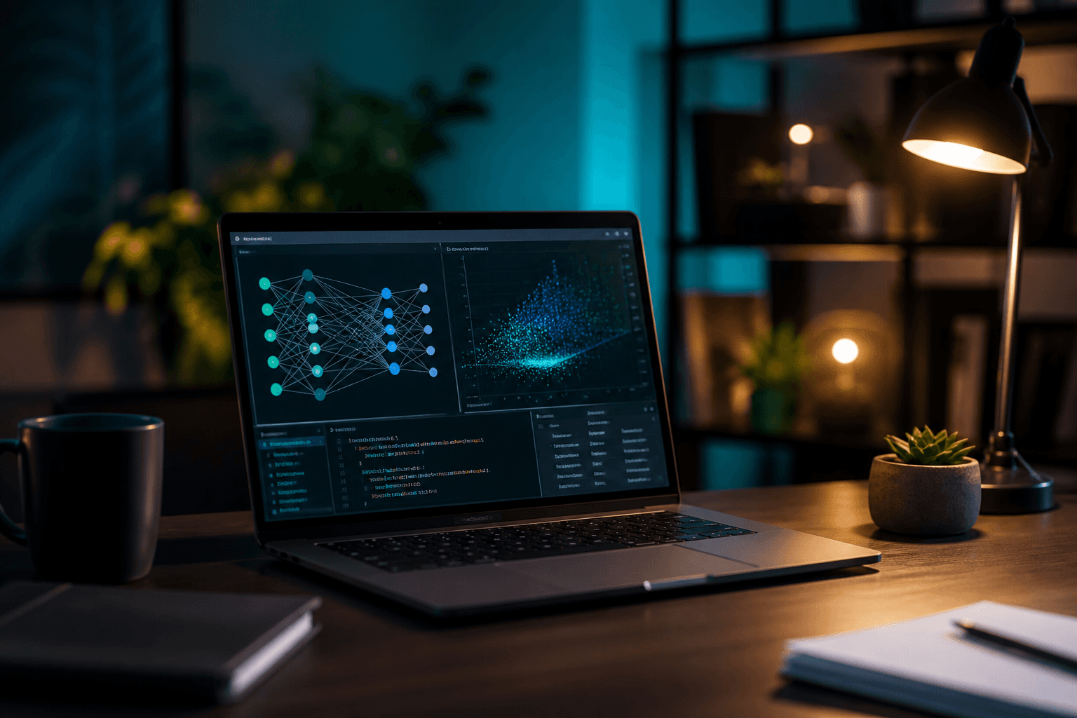 AI learning workspace with neural network visualizations